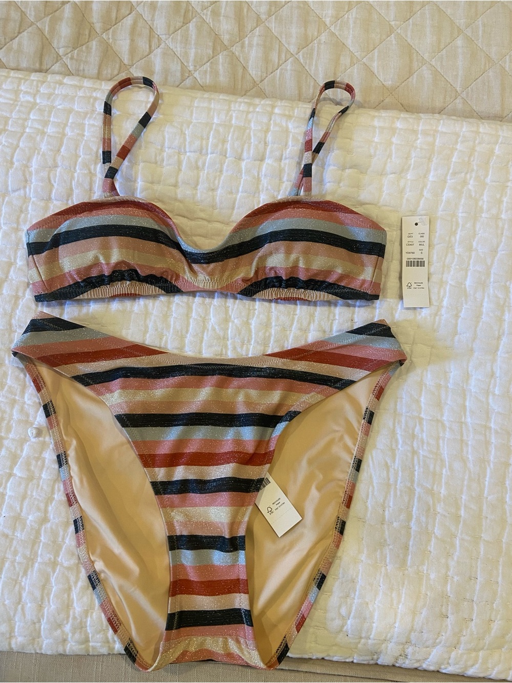 J. Crew Striped Bandeau Bikini in Rust, Black, Blue, Cream